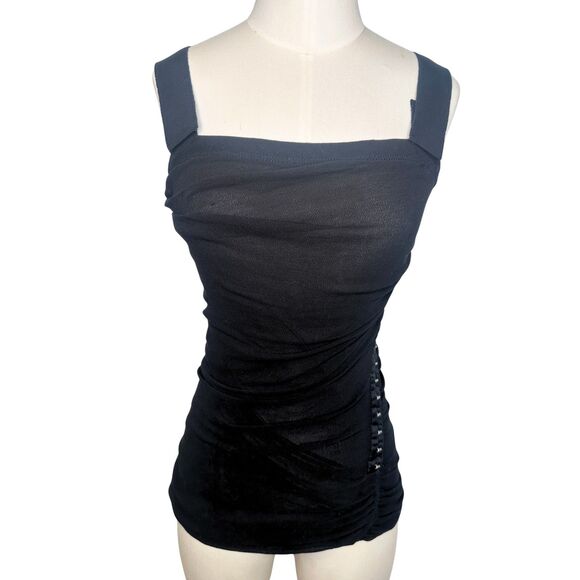 D&G Ruched Mesh Corset Tank Top Y2K Italy Black Grosgrain Straps XXS/XS - Picture 1 of 8
